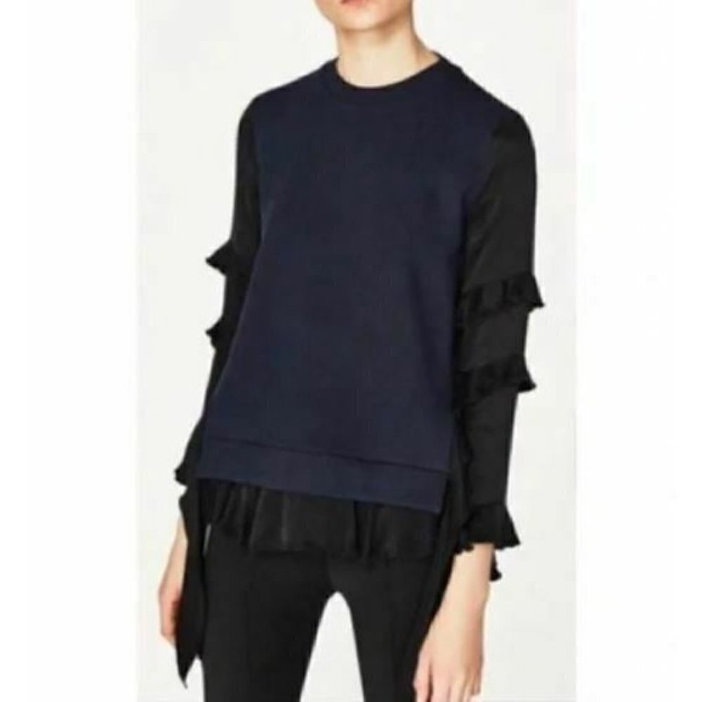 Zara Womens Mixed Material Top Sweatshirt Flowy Ruffle Blue Black Boho XS